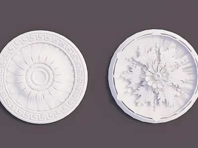 Decorative White Ceiling Medallions Featuring Greek Key And Floral Leaf Patterns 3d model