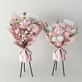 Pink Floral Bouquets With Hydrangea Roses Green Leaves Pink Wrapping Satin Ribbon On Black Stand