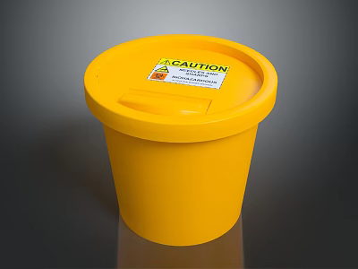 Bright Yellow Plastic Caution Bucket With Warning Label And Secure Lid 3d model