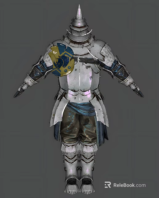 Man Wearing Silver Medieval Armor With Blue And Yellow Shield Crest 3d model 