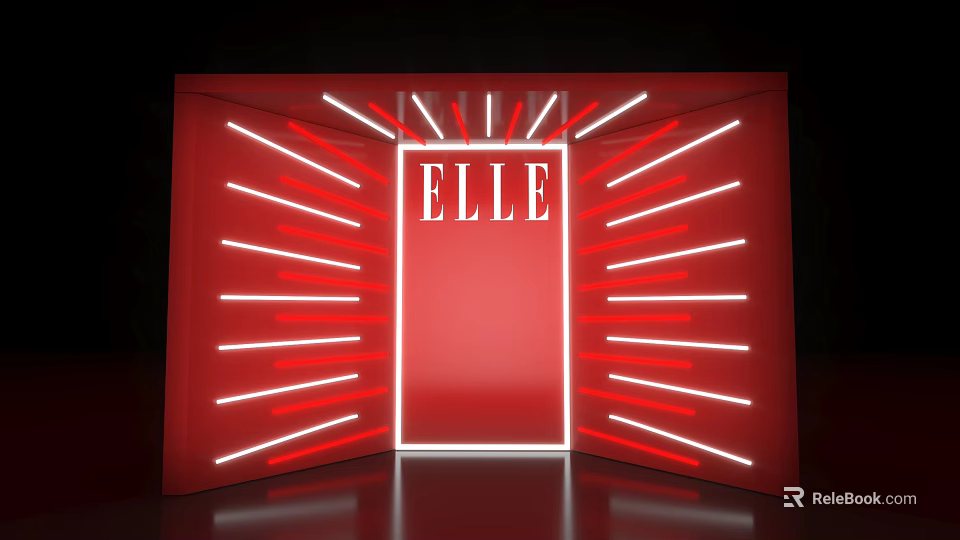 ELLE Themed Photo Spot With Red Backdrop And Neon Light Decorations 3d model 