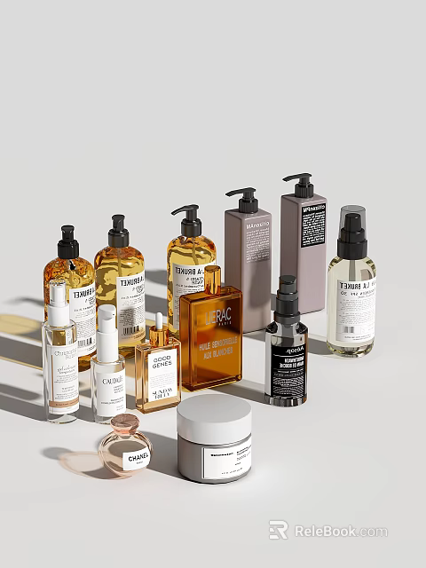 Perfume and Cosmetics Bottles With Various Sizes Labels Glass Designs and Pumps 3d model 