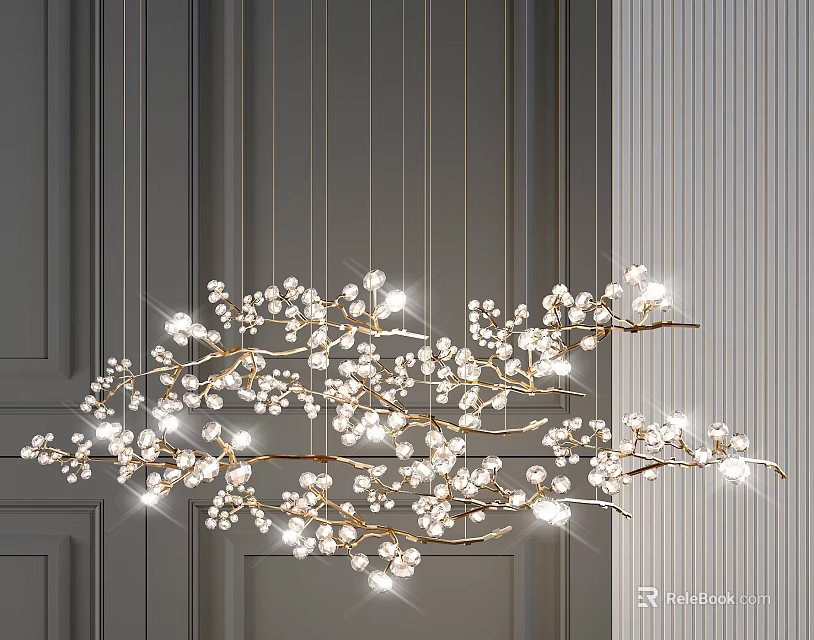 Crystal Branch Chandelier With Illuminated Floral Decorations Hanging On Dark Wall 3d model