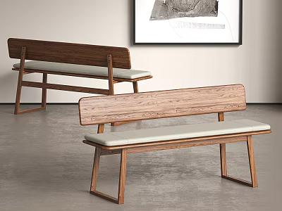 Two Modern Wooden Benches With Light Cushioned Seats In Minimalist Interior 3d model