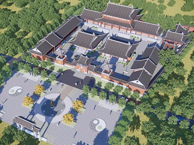 Ancient Architecture Complex With Traditional Courtyard Classic Roof Structures And Lush Green Trees 3d model