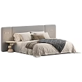 Modern Bedroom Interior With Upholstered Headboard Layered Pillows Cozy Blanket And Round Nightstand