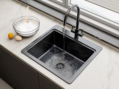 Modern Black Kitchen Sink with Faucet Running Water and Fresh Ingredients on Marble Countertop 3d model