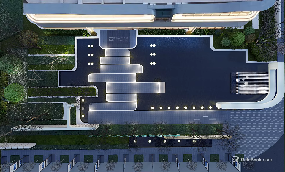 Modern Sales Office Building Design With Water Pool And Landscaped Garden 3d model 