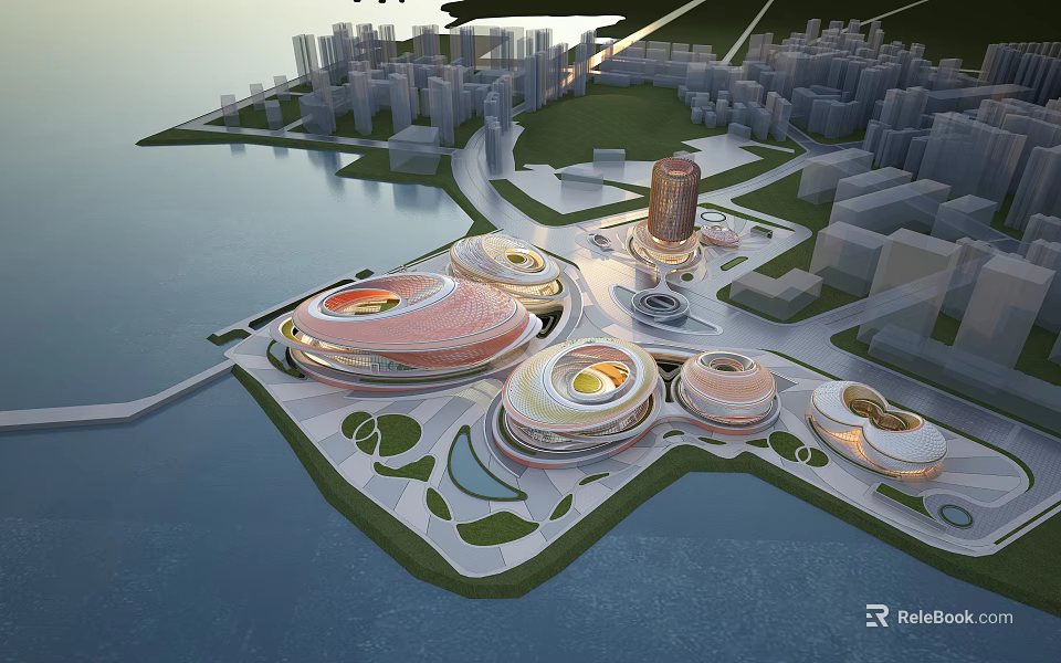 Modern Office Building Complex With Curved Architecture Waterfront Green Space And Urban Skyline 3d model 