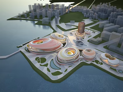 Modern Office Building Complex With Curved Architecture Waterfront Green Space And Urban Skyline 3d model