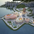 Modern Office Building Complex With Curved Architecture Waterfront Green Space And Urban Skyline