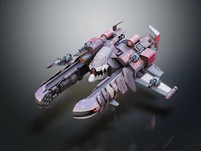 Futuristic Mechanical SciFi Spaceship With Gray Red Color And Weapon Parts 3d model