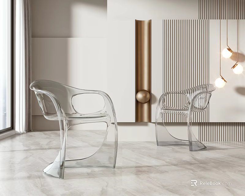 Transparent Modern Dining Chairs With Armrests In Contemporary Interior Marble Floor And Hanging Lights 3d model 