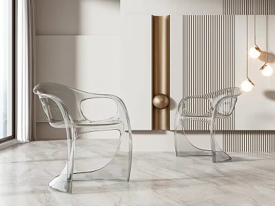Transparent Modern Dining Chairs With Armrests In Contemporary Interior Marble Floor And Hanging Lights 3d model