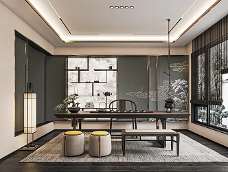 New Chinese Style Tea Room Study Tea Table and Chair Tea Stool Tea Cabinet Chandelier Tea Table Tea Set Storage Rack Decorative Cabinet 3d model