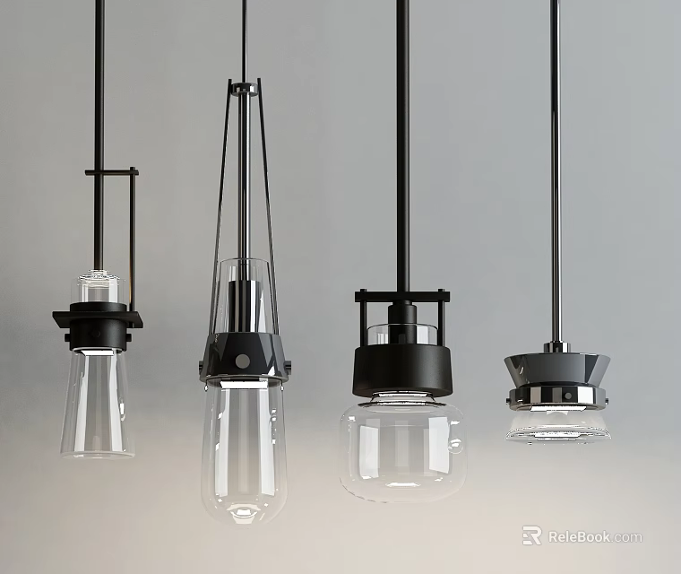 Modern Design Pendant Lights With Different Styles Transparent Glass Shades And Black Metal Frames 3d model 