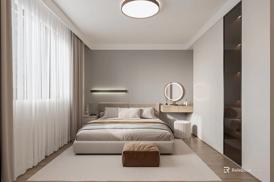 Modern Bedroom With White Curtains Gray Walls Round Ceiling Light Dressing Table And Wooden Floor 3d model 