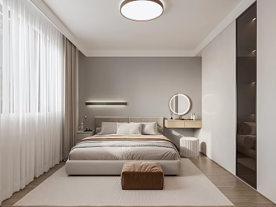 Modern Bedroom With White Curtains Gray Walls Round Ceiling Light Dressing Table And Wooden Floor 3d model