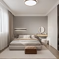Modern Bedroom With White Curtains Gray Walls Round Ceiling Light Dressing Table And Wooden Floor