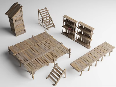 Wooden Construction Components Featuring Assorted Structures Like Roof Stairs Shelves And Platform 3d model