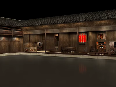Ancient Chinese Architecture Courtyard With Wooden Structure Tile Roof Red Couplets Tables And Chairs 3d model