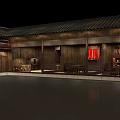 Ancient Chinese Architecture Courtyard With Wooden Structure Tile Roof Red Couplets Tables And Chairs