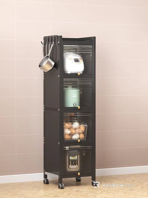 Black Metal Kitchen Storage Rack With Pots Rice Cooker And Eggs On Tile Wall 3d model 
