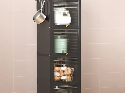 Black Metal Kitchen Storage Rack With Pots Rice Cooker And Eggs On Tile Wall 3d model