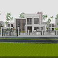 Modern Two Story Detached Villa Exterior With Large Glass Windows Palm Trees And Front Gate