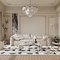 Elegant Modern Living Room Interior With Beige Sofa Chandelier And Patterned Rug