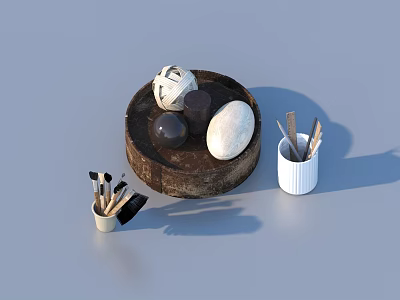 Practical Daily Life Essentials Featuring Makeup Brushes Stone Containers Round Tray And White Cup 3d model