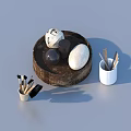 Practical Daily Life Essentials Featuring Makeup Brushes Stone Containers Round Tray And White Cup 3d model