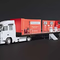 Utility Flatbed Truck With White Cab Red Cargo Container And Industrial Equipment