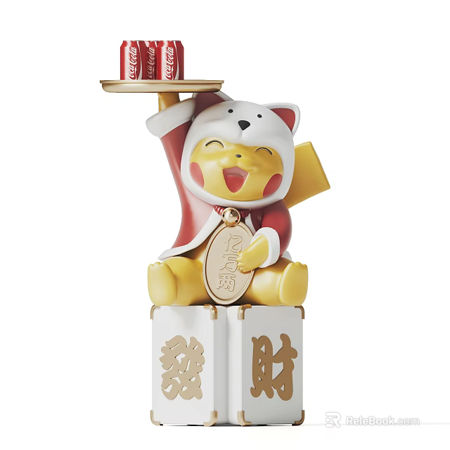 Decorative Ornament Set With Cartoon Character Red Outfit White Hat Holding Tray And Fortune Base 3d model 