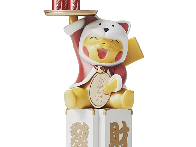 Decorative Ornament Set With Cartoon Character Red Outfit White Hat Holding Tray And Fortune Base 3d model