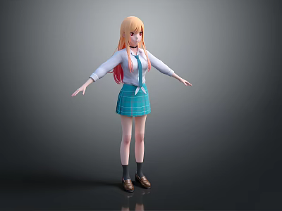 3D Anime Character Model With Orange Long Hair White Shirt And Blue Plaid Skirt 3d model