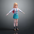 3D Anime Character Model With Orange Long Hair White Shirt And Blue Plaid Skirt