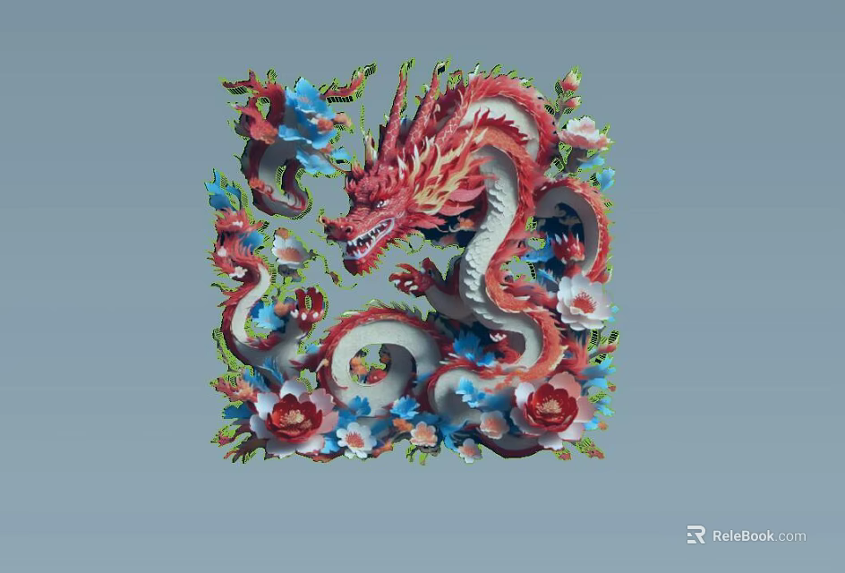 Colorful Chinese Dragon Relief Sculpture With Floral Patterns And Intricate Design 3d model 