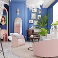 Stylish Beauty Salon Interior With Pink Arches White Sheer Curtains Blue Walls And Pink Furniture
