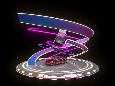 Exhibition Booth With Circular Platform Red Car And Neon Curved Illuminated Light Strips 3d model