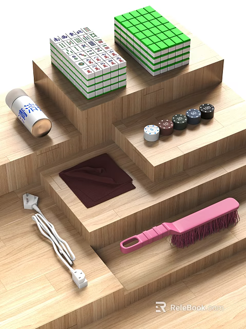 Traditional Mahjong Entertainment Setup With Colored Chips On Wooden Platform 3d model 