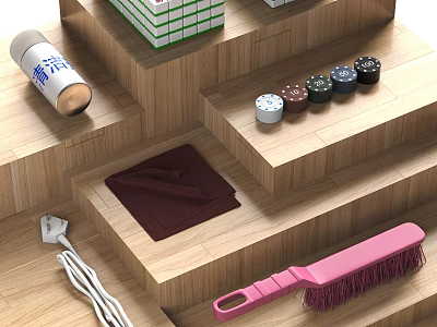Traditional Mahjong Entertainment Setup With Colored Chips On Wooden Platform 3d model
