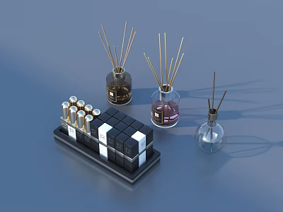 Chic Perfume Cosmetics Display Featuring Small Cylindrical Bottles Scented Reed Diffusers On Black Tray 3d model