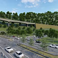 Road Infrastructure with Tunnel Multi lane Road Moving Vehicles Guardrails and Greenery at Sunset
