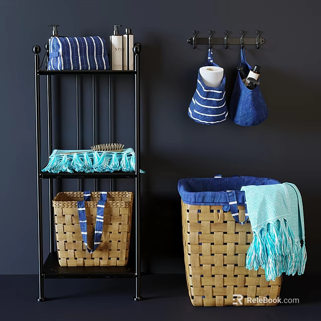 Woven Storage Baskets with Blue Stripes and Tassel Details for Home Organization 3d model 