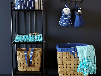 Woven Storage Baskets with Blue Stripes and Tassel Details for Home Organization 3d model