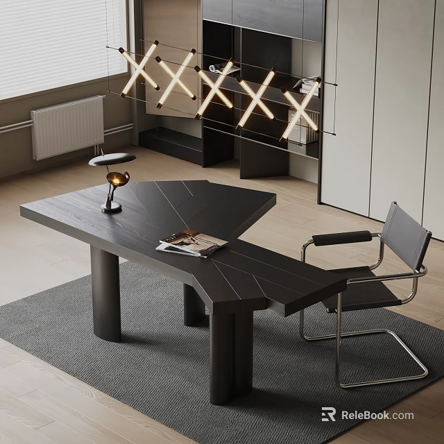 Modern Black Corner Desk With Table Lamp Magazine Chair Gray Rug And Pendant Light 3d model 