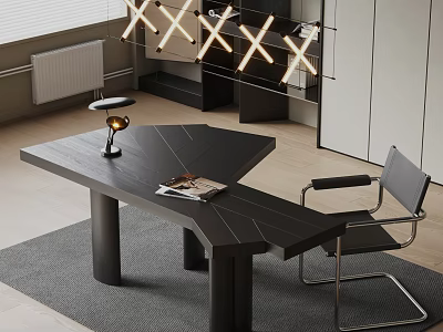 Modern Black Corner Desk With Table Lamp Magazine Chair Gray Rug And Pendant Light 3d model