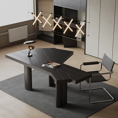 Modern Black Corner Desk With Table Lamp Magazine Chair Gray Rug And Pendant Light 3d model
