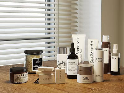 Perfume and Cosmetics Display with Kate Botanical Serenity Bottles Jars Tubes on Wooden Table 3d model